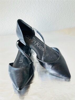 Calvin Klein Black Pointed-Toe Ankle-Strap Heels